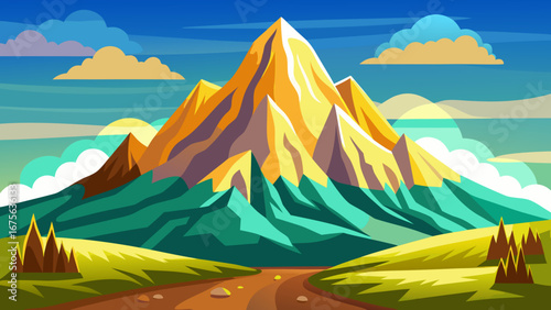 Vector art of scenic mountain landscape with golden peak, green valley, and blue sky, creating a peaceful and inviting outdoor travel destination
