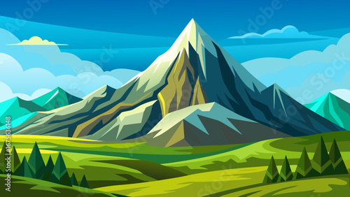 Vector art of scenic mountain landscape featuring rolling green hills, snowcapped peaks, and a clear blue sky with fluffy clouds, creating a serene and picturesque view