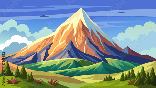 Vector art of majestic mountain landscape with a prominent snowcapped peak, lush green valleys, and a vibrant sky filled with clouds, capturing the beauty and grandeur of nature