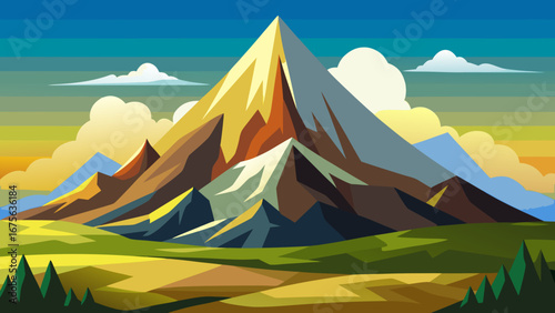 Vector art of scenic mountain landscape with green fields and a colorful sky, perfect for travel and outdoor adventure illustrations