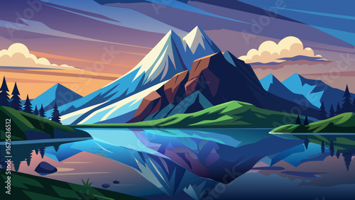 Vector art of a serene mountain landscape reflecting on a calm lake under a cloudy sky, showcasing the beauty and tranquility of natures scenery