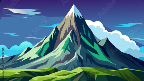 Vector art of a majestic mountain range with snowcapped peaks under a cloudy sky, surrounded by green hills and valleys, creating a scenic landscape