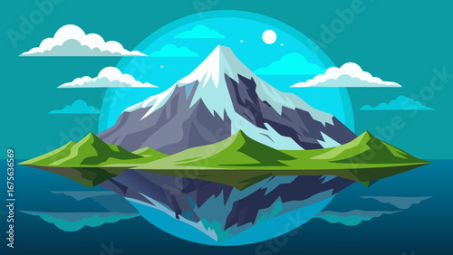 Vector art of a scenic mountain landscape with a snowcapped peak reflected in the calm water, surrounded by lush green hills and a clear blue sky with clouds