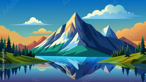 Vector art of majestic mountain peak reflected in a serene lake surrounded by lush green forests, a picturesque landscape under a clear blue sky with fluffy clouds