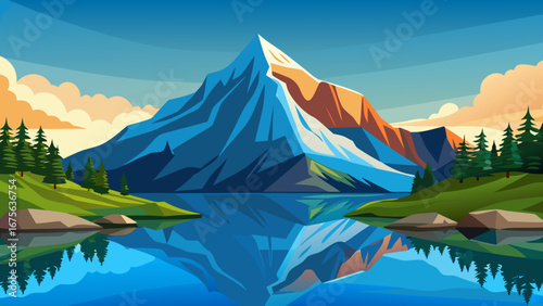 Vector art of a stunning mountain reflected in a tranquil lake, surrounded by green hills and trees, creating a peaceful and scenic landscape under a blue sky