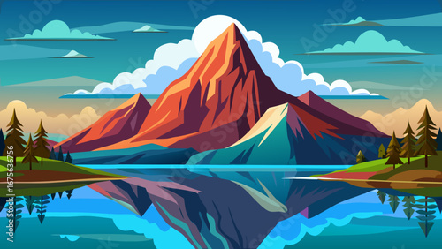 Vector art of majestic mountain reflecting in a serene lake, framed by clouds and lush greenery under a clear sky, creating a peaceful vista