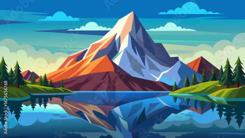 Vector art of a majestic mountain range reflected in a calm lake, surrounded by lush green forests and a vibrant sky, creating a stunning and peaceful landscape