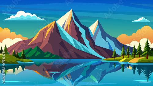 Vector art of colorful mountain landscape reflecting in a tranquil lake under a vibrant sky, showcasing the beauty of nature and the serene atmosphere of the wilderness