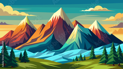 Vector art of majestic mountain range landscape with snowcapped peaks, lush forests, and vibrant colors in a stylized vector illustration