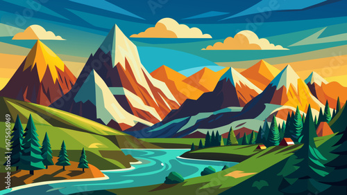 Vector art of vibrant mountain landscape featuring snowcapped peaks, winding river, and lush green hills in a stylized vector illustration