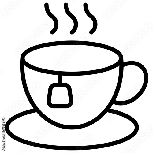 Tea Cup Outline Icon Design Vector - Hot cup of tea with bag, symbolizing relaxation, herbal drink, or warm beverage