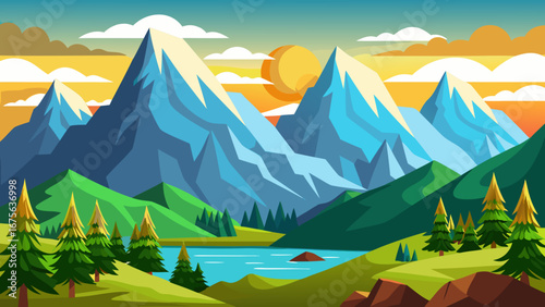 Vector art of a breathtaking mountain landscape featuring majestic peaks, a serene lake, and lush green forests under a clear sky, evoking a sense of adventure