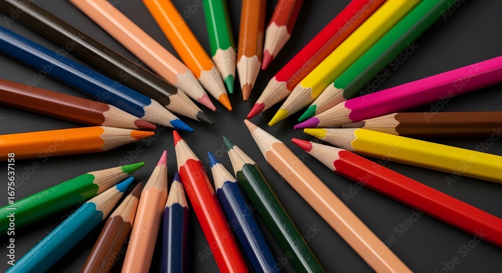 Fototapeta premium Vibrant colored pencils arranged in circle on dark background for art, education, or creative projects