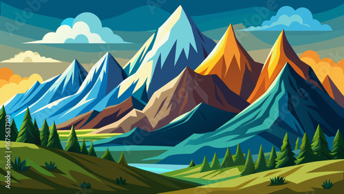 Vector art of majestic mountain range with snowcapped peaks, lush green valleys, and a serene lake, creating a breathtaking and picturesque outdoor scene