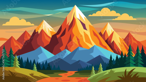 Vector art of dramatic mountain landscape with colorful peaks, trees, and clouds, offering a captivating and majestic view of natures beauty in illustration