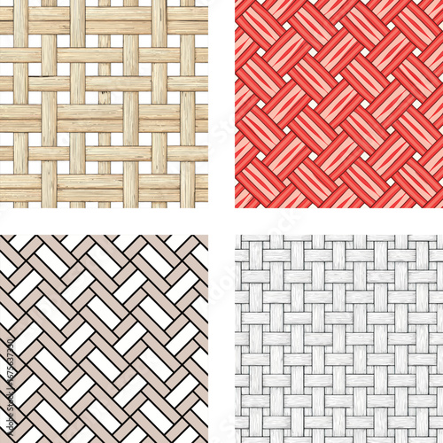 Assorted Woven and Interlocking Patterns in Natural, Red, White, and Gray Colors for Textiles or Backgrounds