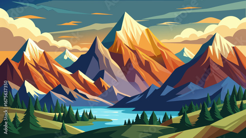 Vector art of scenic mountain landscape with colorful peaks, lush forests, and a tranquil lake under a vibrant sky, perfect for nature and travel themes