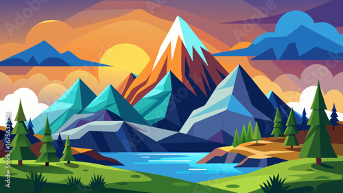 Vector art of majestic mountain landscape with colorful peaks, a serene lake, and a vibrant sunset, perfect for nature, travel, and scenic backgrounds