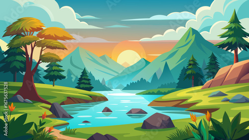 Vector art of vibrant cartoon landscape featuring mountains, a winding river, and lush greenery under a colorful sunset, perfect for nature and travel themes