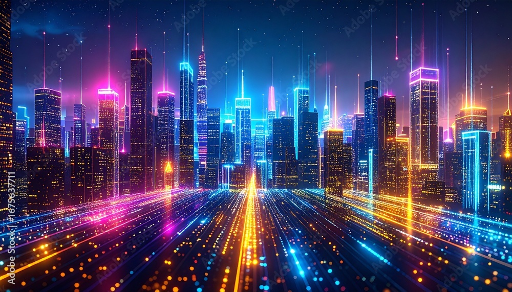 Fototapeta premium Futuristic Cityscape at Night with Neon Lights and High-Tech Glow