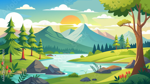 Vector art of a picturesque mountain landscape featuring a tranquil river, lush green hills, and a radiant sun, evoking a sense of peace and natural beauty