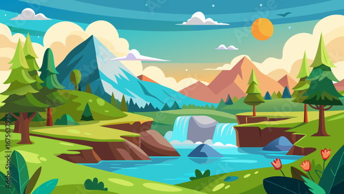 Vector art of a vibrant cartoon landscape featuring majestic mountains, a waterfall, and lush greenery under a bright sky, perfect for nature lovers
