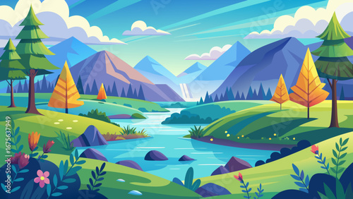 Vector art of a serene mountain landscape with a winding river, vibrant green hills, and a clear blue sky, creating a peaceful and inviting natural vista