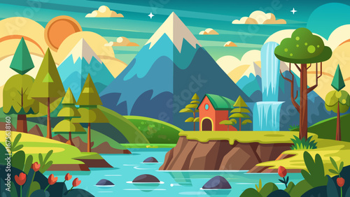 Vector art of a vibrant landscape featuring a cozy house nestled near a waterfall, surrounded by mountains and lush greenery, under a bright sky with a shining sun