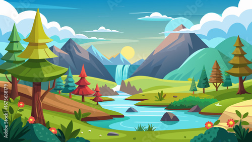 Vector art of cartoon landscape with a waterfall, mountains, trees, and a bright sun, creating a serene and idyllic natural scene for travel