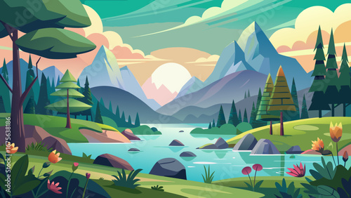 Vector art of a scenic landscape with a river flowing through mountains and forests, bathed in the warm light of the setting sun, creating a tranquil and inviting scene