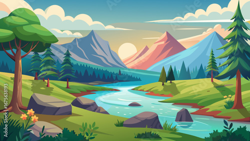 Vector art of a serene landscape with a winding river flowing through mountains and forests, illuminated by the soft glow of the setting sun, creating a peaceful vista