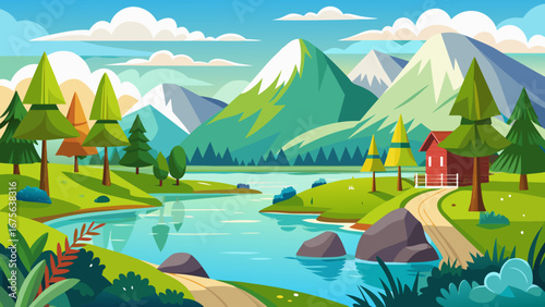 Vector art of scenic mountain landscape with a tranquil lake, lush greenery, and a charming house nestled amidst natures beauty on a sunny day