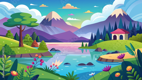 Vector art of colorful mountain landscape with a serene lake, vibrant flowers, and a quaint house nestled amidst natures beauty under a cloudy sky
