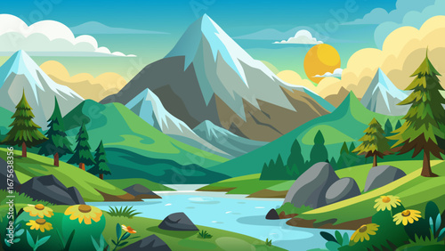 Vector art of idyllic mountain landscape featuring a flowing river, lush greenery, and a bright sun, creating a peaceful and scenic nature view for travel and adventure