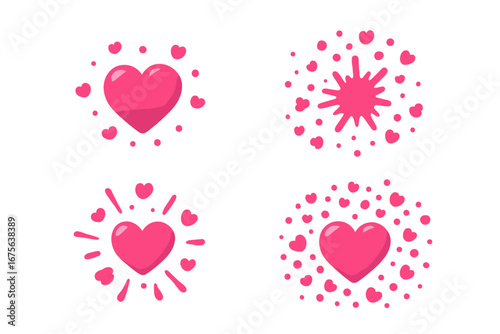 Set of 3D cartoon hearts. Love explosion and splash effect. Pink heart icons for social media likes. Vector illustration for Valentine's Day. Cute romance and passion symbols.