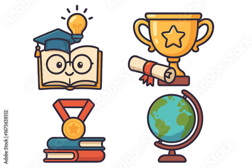 Education icons set with book, graduation cap, trophy, medal, diploma, and globe. Cartoon vector for school, learning, achievement and success concepts. Knowledge and ideas.