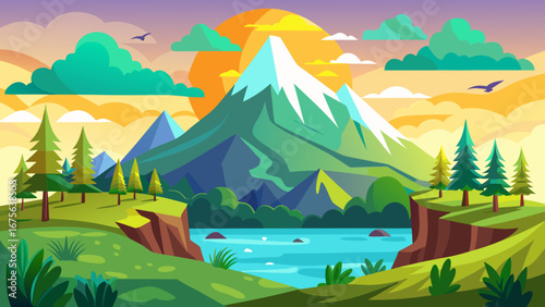 Vector art of majestic mountain landscape with a serene lake, lush green trees, and a vibrant sunset, creating a breathtaking and peaceful scene in the natural world