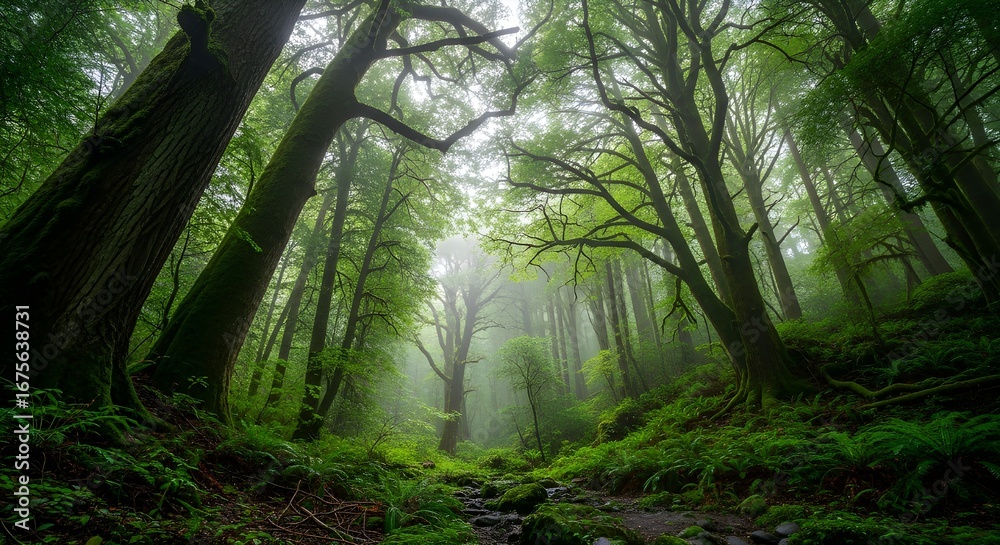 Fototapeta premium Mystical ancient forest path with vibrant moss and ethereal morning mist creating a tranquil escape