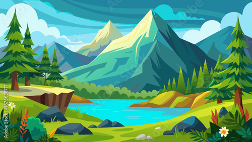 Vector art of scenic mountain landscape with a serene lake, lush green trees, and a clear blue sky, creating a peaceful and inviting outdoor scene