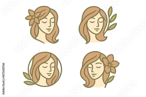 Set of female portraits. Woman face logo for beauty salon, spa, cosmetics. Natural organic cosmetic. Skincare symbol. Line art icon. Elegant feminine vector illustration.