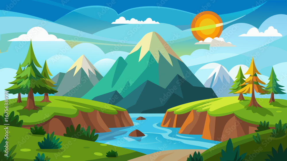 Fototapeta premium Vector art of vibrant mountain landscape with a winding river, lush green hills, and towering peaks under a bright sun, creating a serene and inviting nature scene