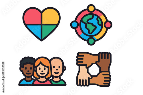 Inclusivity and diversity icon set. Vector icons of teamwork, community, racial equality and global unity. Multicultural society, partnership and collaboration symbols.