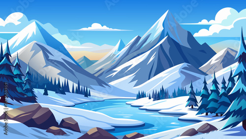 Vector art of a captivating winter landscape featuring snowcovered mountains, a winding river, and evergreen trees under a clear sky, creating a serene atmosphere