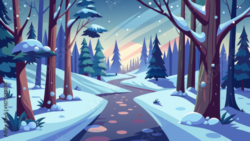 Vector art of a tranquil winter forest scene with a winding path through snowcovered trees, showcasing the beauty of nature in a cold and peaceful landscape