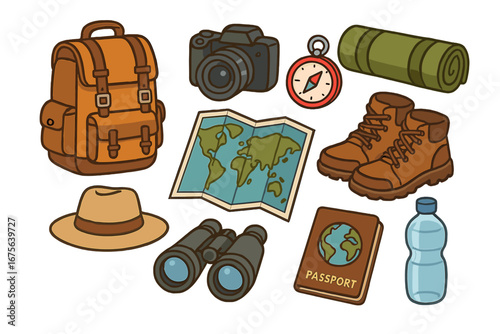Adventure travel essentials and hiking gear icon set. Vector illustration for camping, tourism, and exploration. Vacation packing list with backpack, camera, map, and passport.