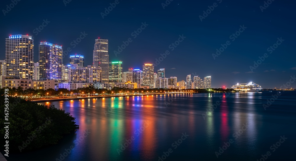 Fototapeta premium Miami Skyline at Night - Vibrant City Lights Reflecting on the Bay.