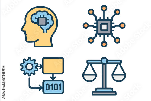 AI ethics icon set. Artificial intelligence, machine learning, deep learning process. Algorithm, data processing and balanced justice scale. Law and technology concept vector.