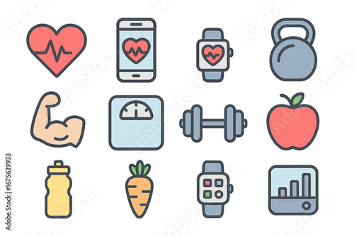 Health and fitness icons. Sport, gym, and workout symbols. Healthy lifestyle, diet, and nutrition. Smartwatch, app, heart rate, weight loss, muscle, dumbbell vector set.