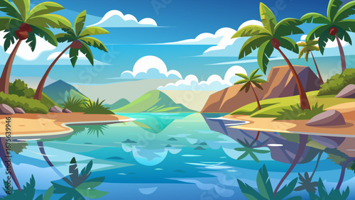 Vector art of scenic tropical island landscape featuring palm trees, sandy beaches, and calm turquoise water reflecting the sky, creating a peaceful vacation getaway