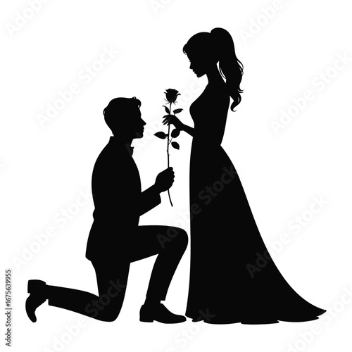 Romantic silhouette of a man proposing to a woman with a rose silhouette vector illustration white background
